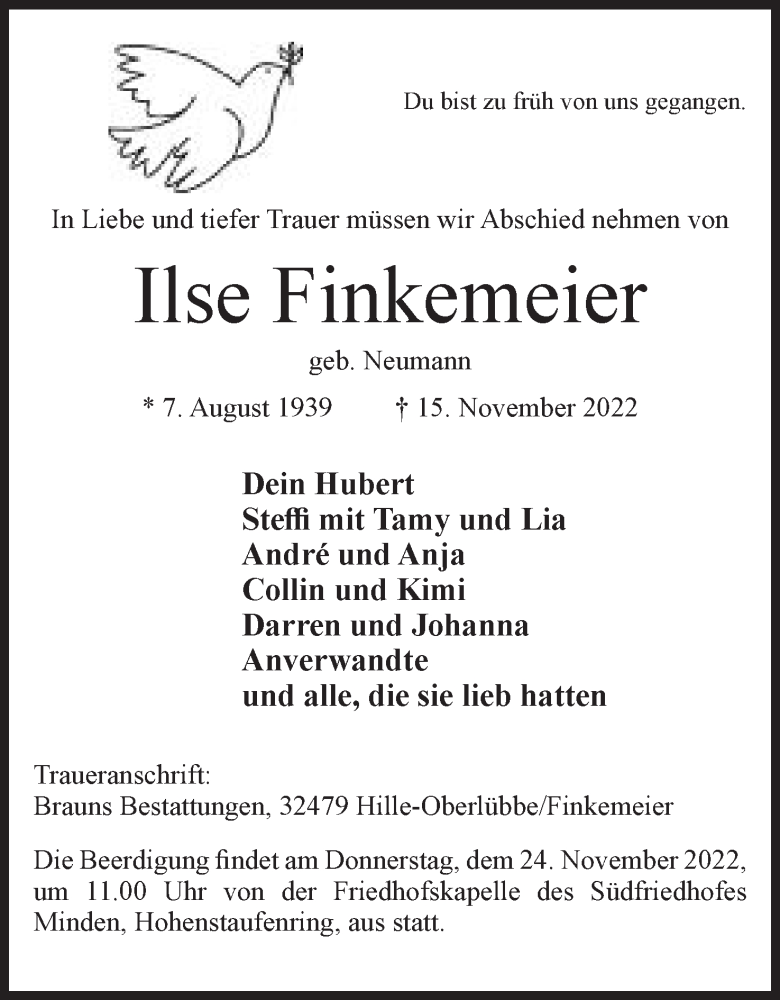  Traueranzeige für Ilse Finkemeier vom 19.11.2022 aus Mindener Tageblatt