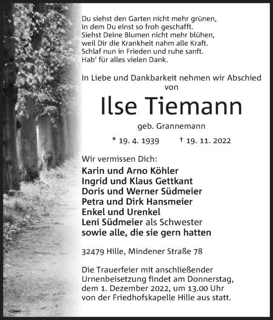 Anzeige von Ilse Tiemann von Mindener Tageblatt