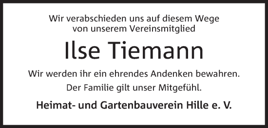 Anzeige von Ilse Tiemann von Mindener Tageblatt