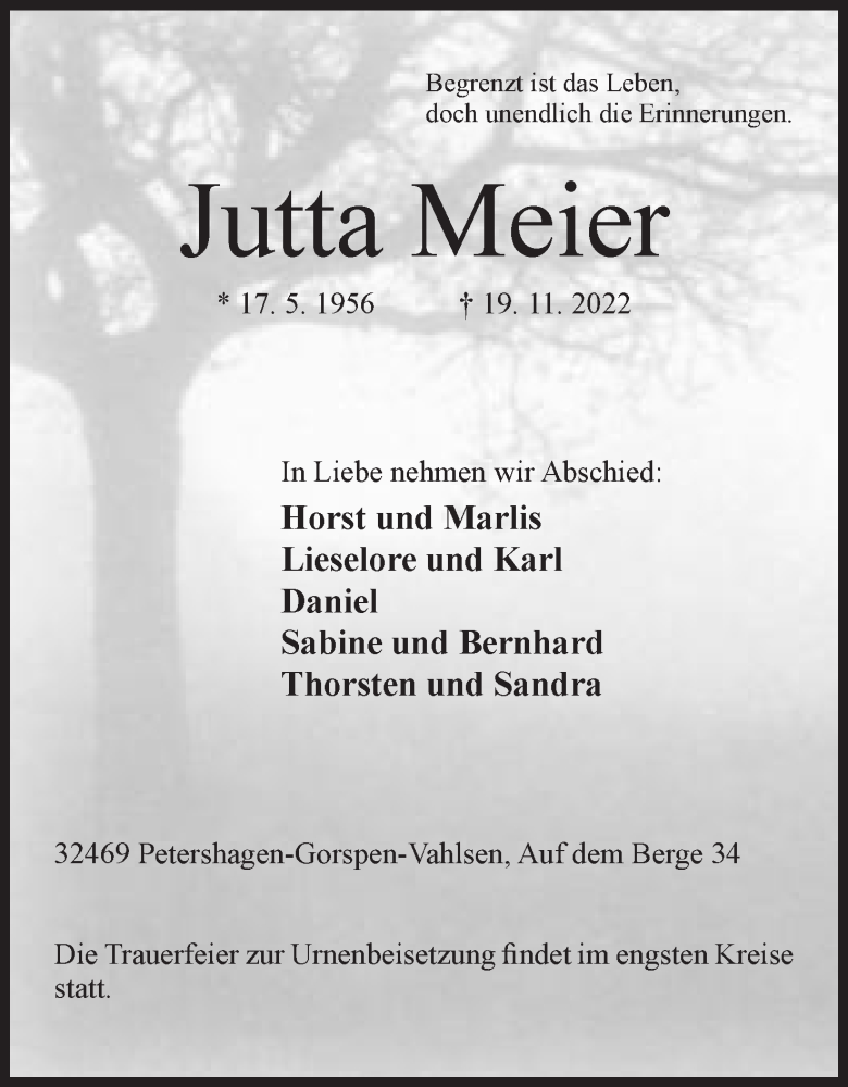  Traueranzeige für Jutta Meier vom 26.11.2022 aus Mindener Tageblatt