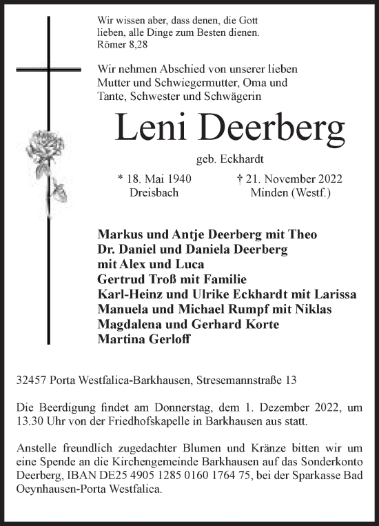 Anzeige von Leni Deerberg von Mindener Tageblatt