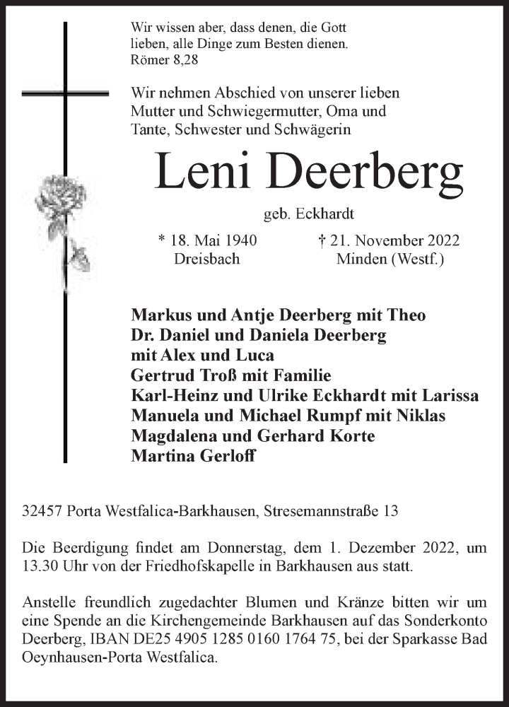  Traueranzeige für Leni Deerberg vom 26.11.2022 aus Mindener Tageblatt