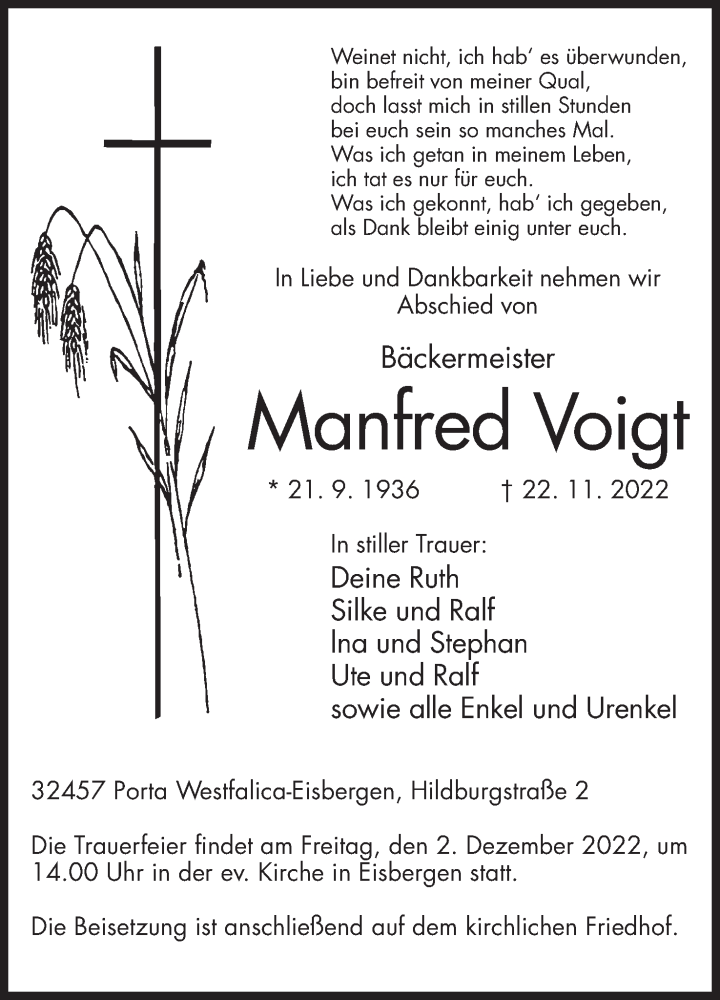  Traueranzeige für Manfred Voigt vom 26.11.2022 aus Mindener Tageblatt