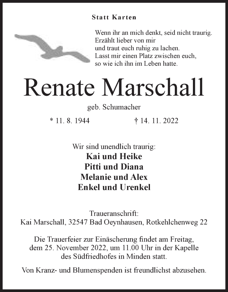  Traueranzeige für Renate Marschall vom 19.11.2022 aus Mindener Tageblatt
