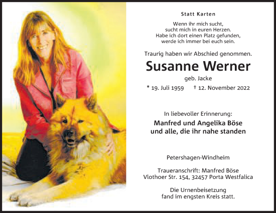 Anzeige von Susanne Werner von Mindener Tageblatt