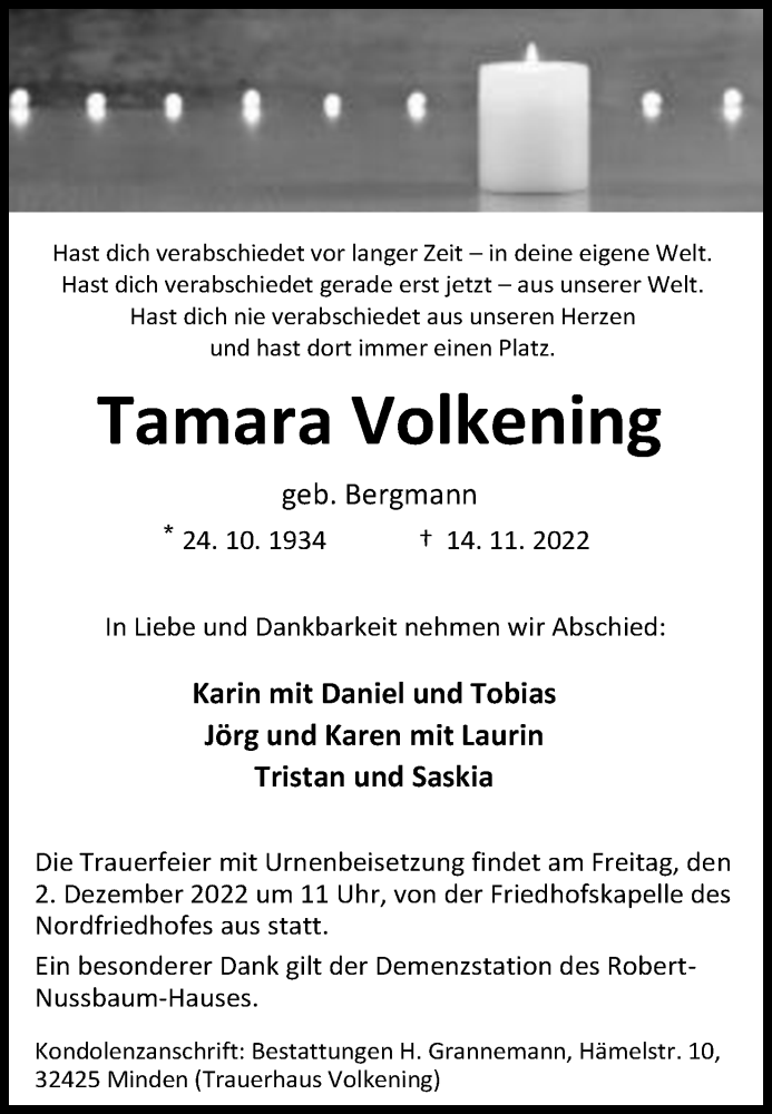  Traueranzeige für Tamara Volkening vom 19.11.2022 aus Mindener Tageblatt