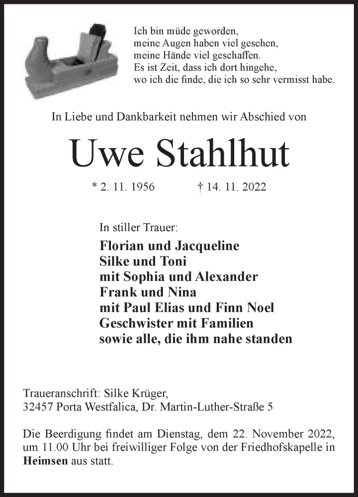  Traueranzeige für Uwe Stahlhut vom 18.11.2022 aus Mindener Tageblatt