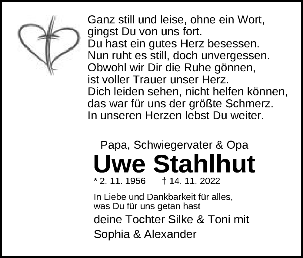  Traueranzeige für Uwe Stahlhut vom 19.11.2022 aus Mindener Tageblatt