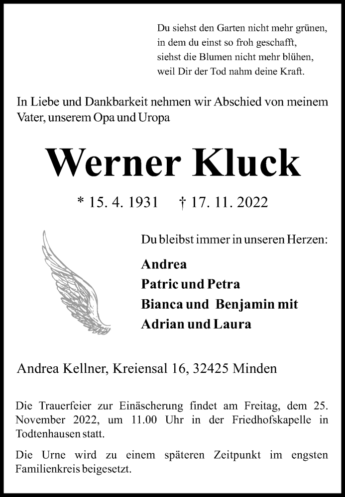  Traueranzeige für Werner Kluck vom 19.11.2022 aus Mindener Tageblatt