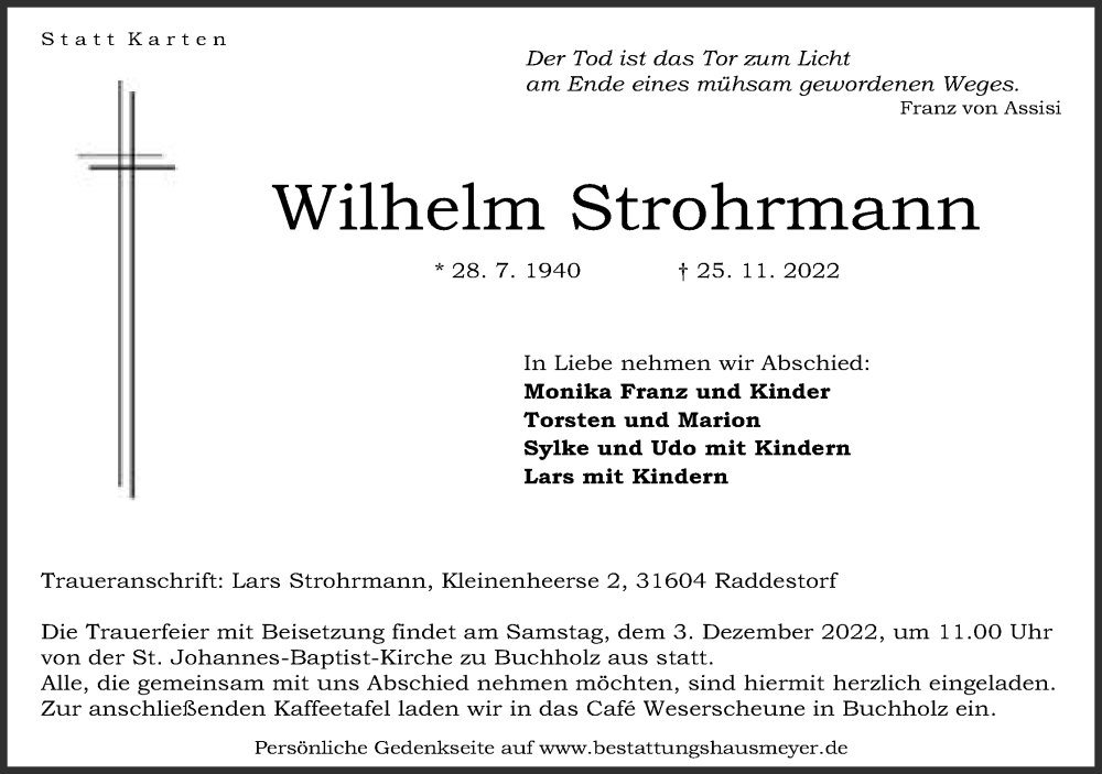 Traueranzeige für Wilhelm Strohrmann vom 29.11.2022 aus Mindener Tageblatt