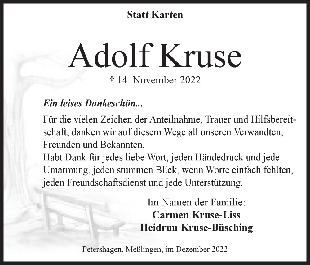  Traueranzeige für Adolf Kruse vom 17.12.2022 aus Mindener Tageblatt