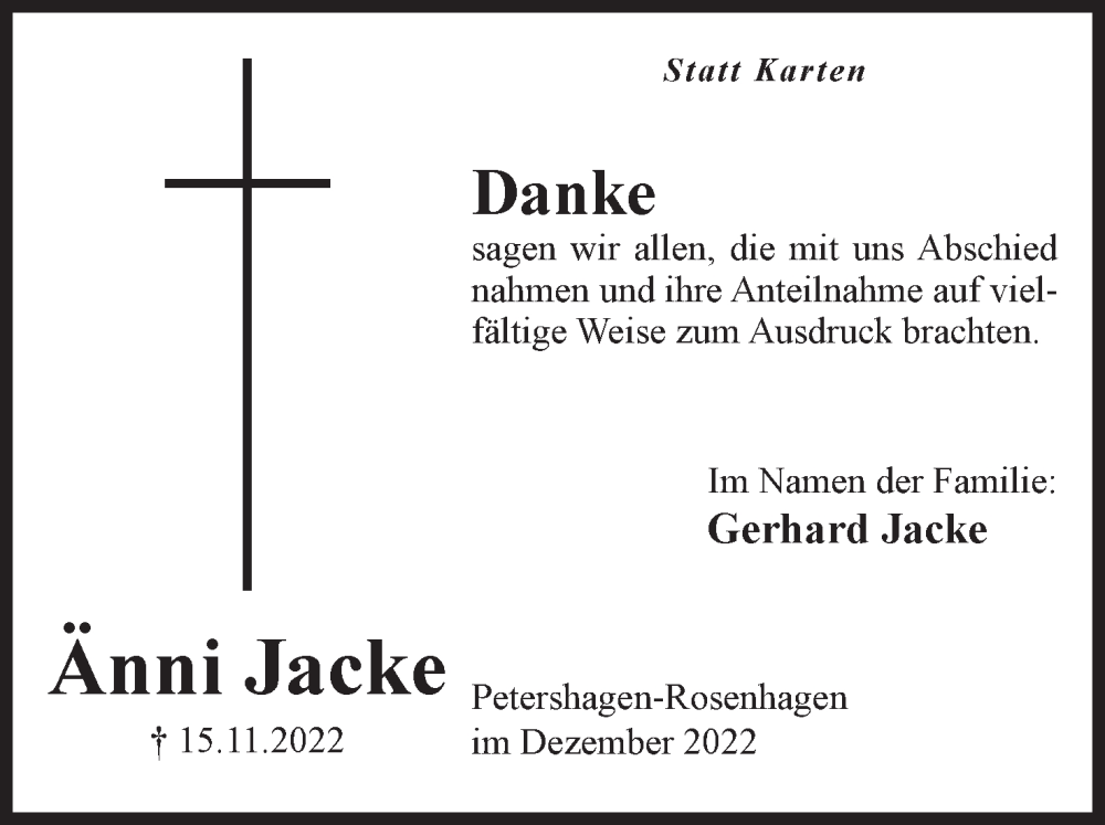  Traueranzeige für Änni Jacke vom 24.12.2022 aus Mindener Tageblatt