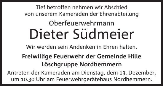 Anzeige von Dieter Südmeier von Mindener Tageblatt