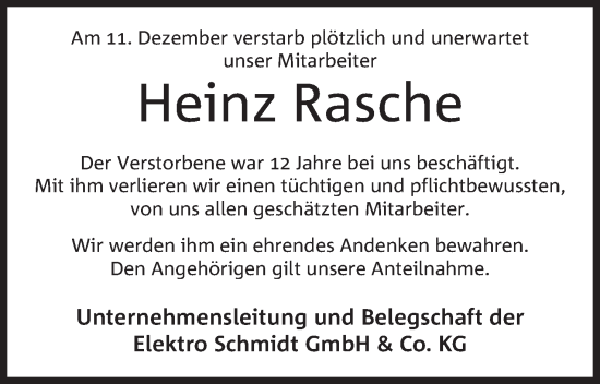 Anzeige von Heinz Rasche von Mindener Tageblatt