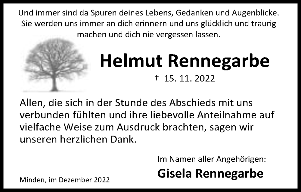  Traueranzeige für Helmut Rennegarbe vom 17.12.2022 aus Mindener Tageblatt