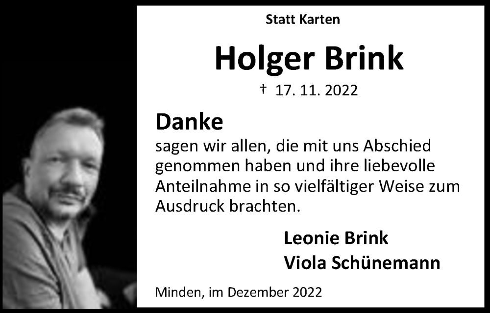  Traueranzeige für Holger Brink vom 17.12.2022 aus Mindener Tageblatt