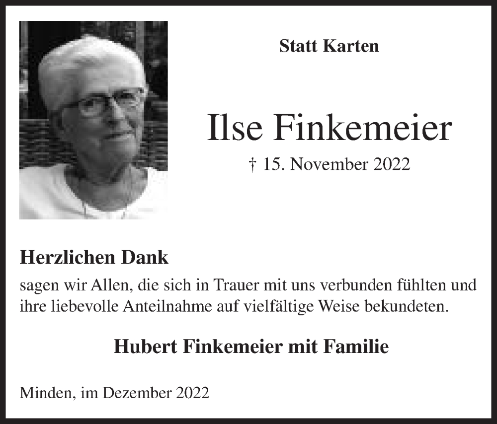 Traueranzeige für Ilse Finkemeier vom 10.12.2022 aus Mindener Tageblatt