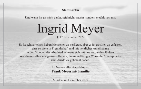 Anzeige von Ingrid Meyer von Mindener Tageblatt