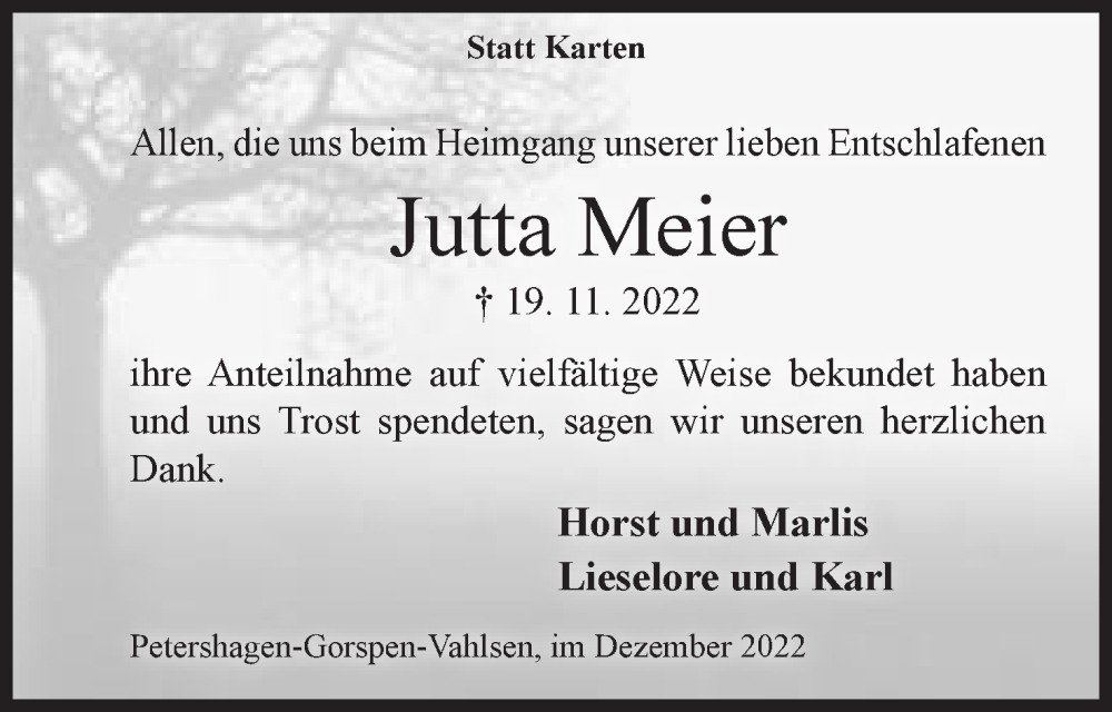  Traueranzeige für Jutta Meier vom 17.12.2022 aus Mindener Tageblatt