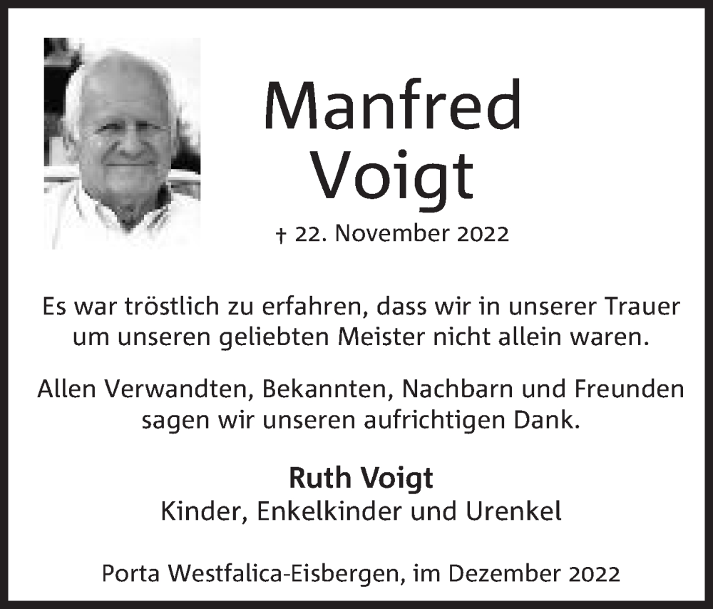 Traueranzeige für Manfred Voigt vom 24.12.2022 aus Mindener Tageblatt