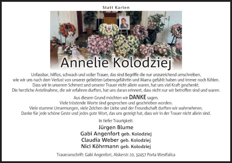  Traueranzeige für Annelie Kolodziej vom 19.02.2022 aus Mindener Tageblatt