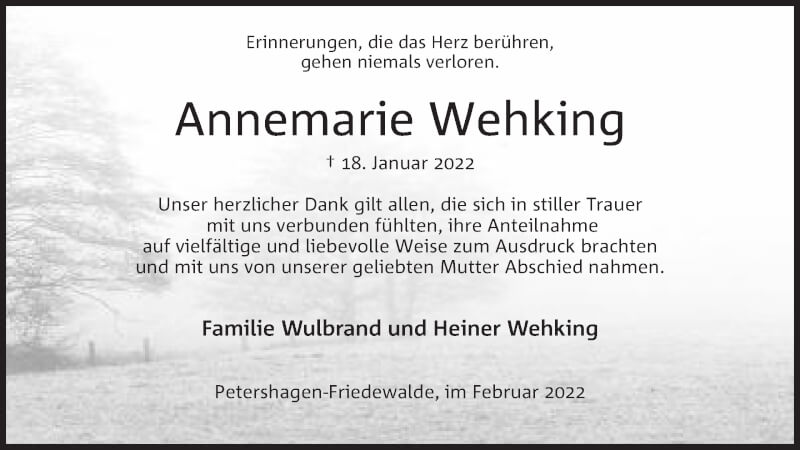  Traueranzeige für Annemarie Wehking vom 19.02.2022 aus Mindener Tageblatt