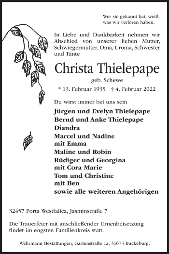 Anzeige von Christa Thielepape von Mindener Tageblatt