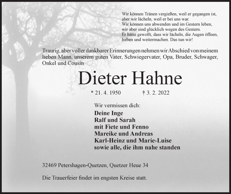  Traueranzeige für Dieter Hahne vom 09.02.2022 aus Mindener Tageblatt