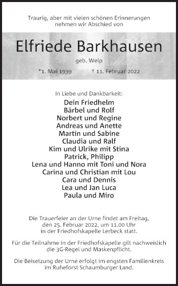 Anzeige von Elfriede Barkhausen von Mindener Tageblatt