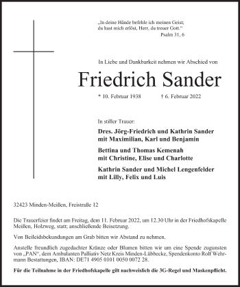 Anzeige von Friedrich Sander von Mindener Tageblatt