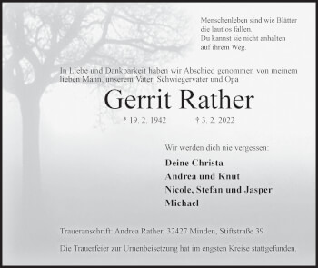 Anzeige von Gerrit Rather von Mindener Tageblatt