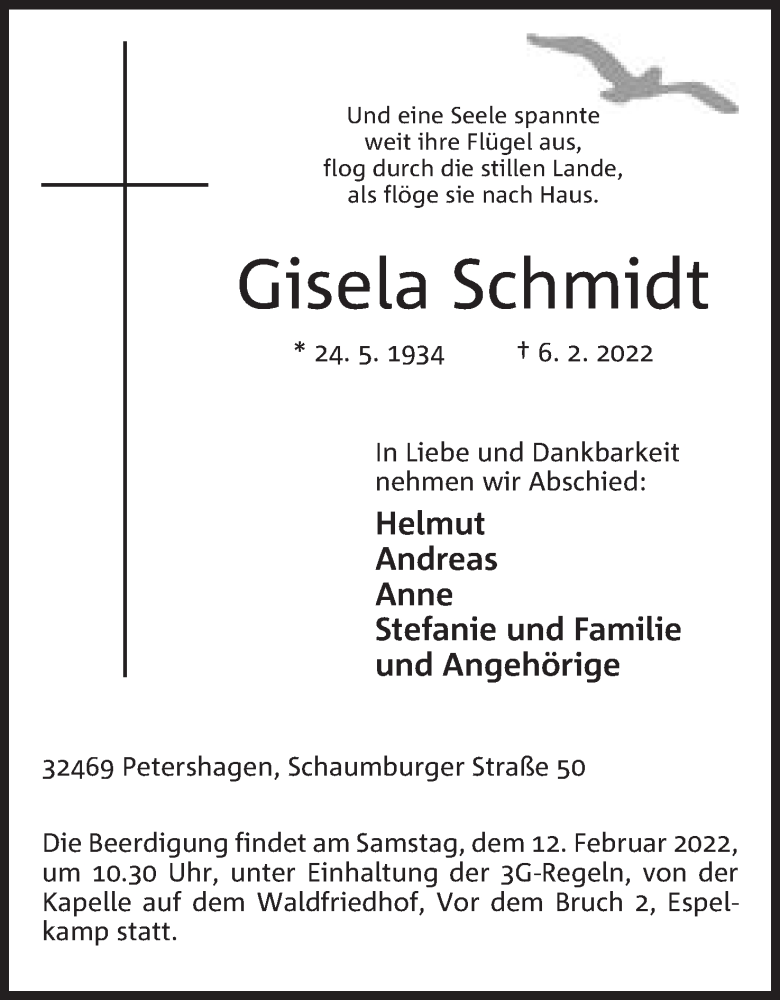  Traueranzeige für Gisela Schmidt vom 10.02.2022 aus Mindener Tageblatt