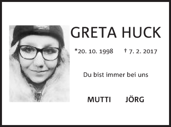 Anzeige von Greta Huck von Mindener Tageblatt