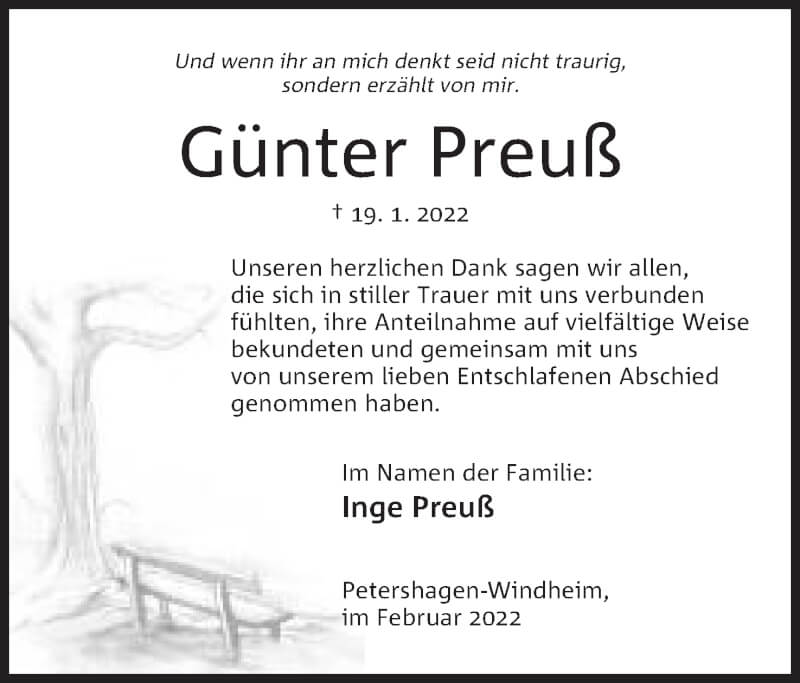  Traueranzeige für Günter Preuß vom 26.02.2022 aus Mindener Tageblatt