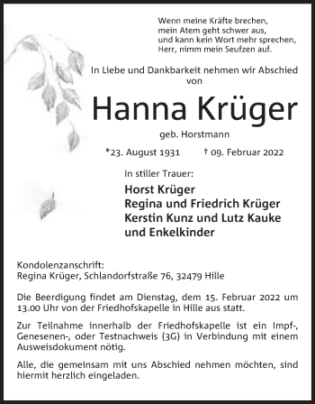 Anzeige von Hanna Krüger von Mindener Tageblatt