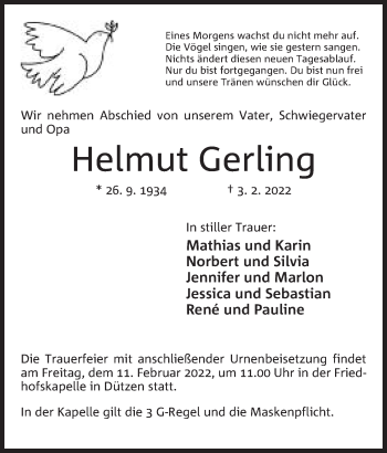 Anzeige von Helmut Gerling von Mindener Tageblatt