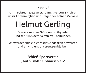Anzeige von Helmut Gerling von Mindener Tageblatt