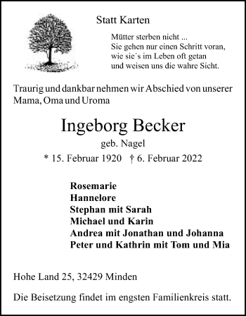 Anzeige von Ingeborg Becker von Mindener Tageblatt