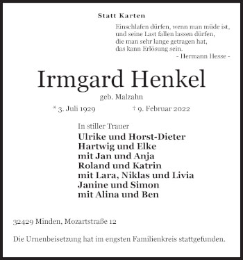Anzeige von Irmgard Henkel von Mindener Tageblatt