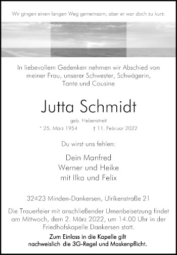Anzeige von Jutta Schmidt von Mindener Tageblatt