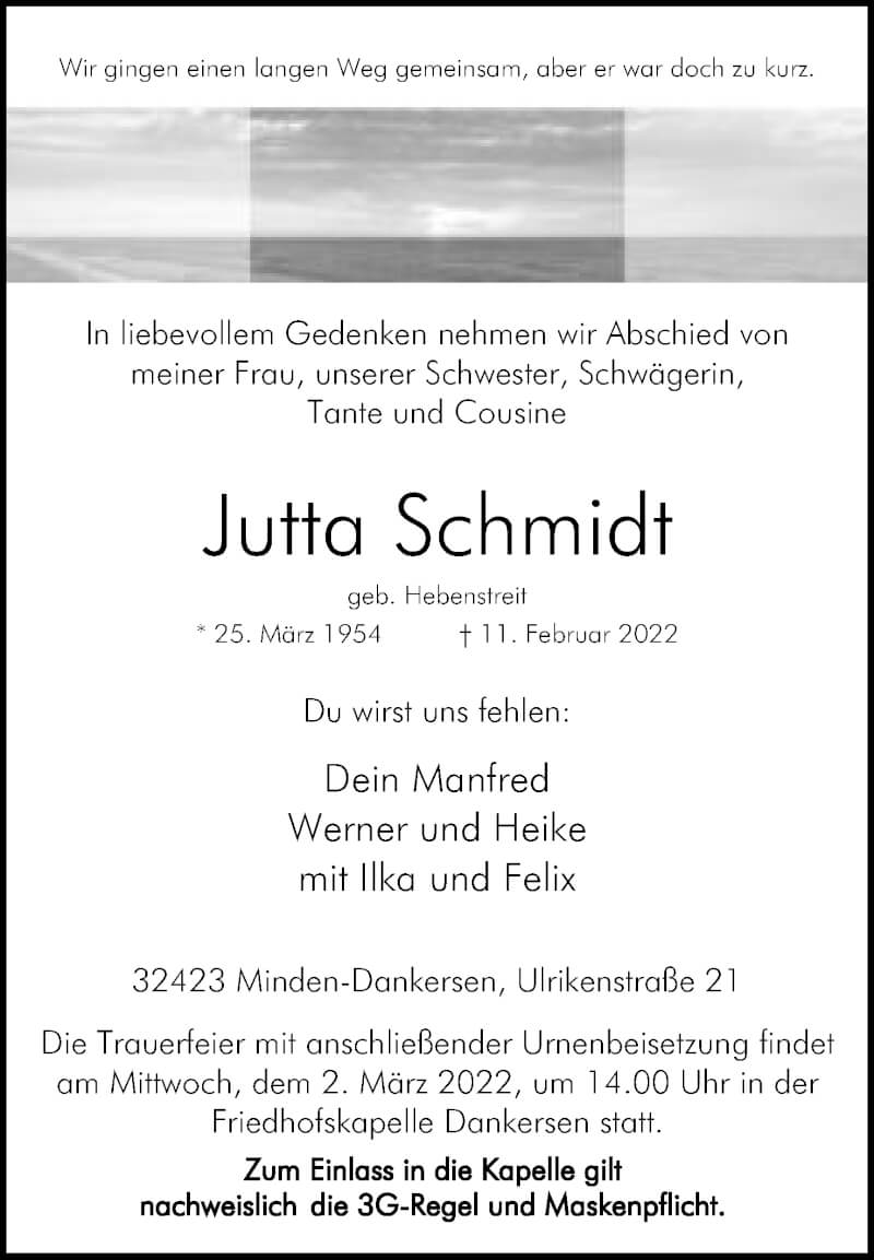  Traueranzeige für Jutta Schmidt vom 26.02.2022 aus Mindener Tageblatt