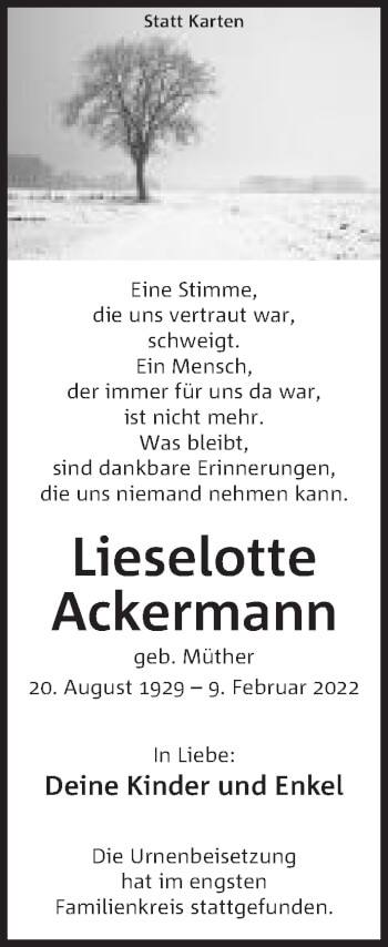 Anzeige von Lieselotte Ackermann von Mindener Tageblatt