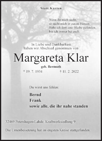 Anzeige von Margareta Klar von Mindener Tageblatt