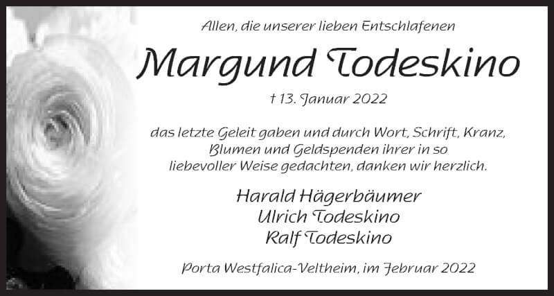  Traueranzeige für Margund Todeskino vom 26.02.2022 aus Mindener Tageblatt