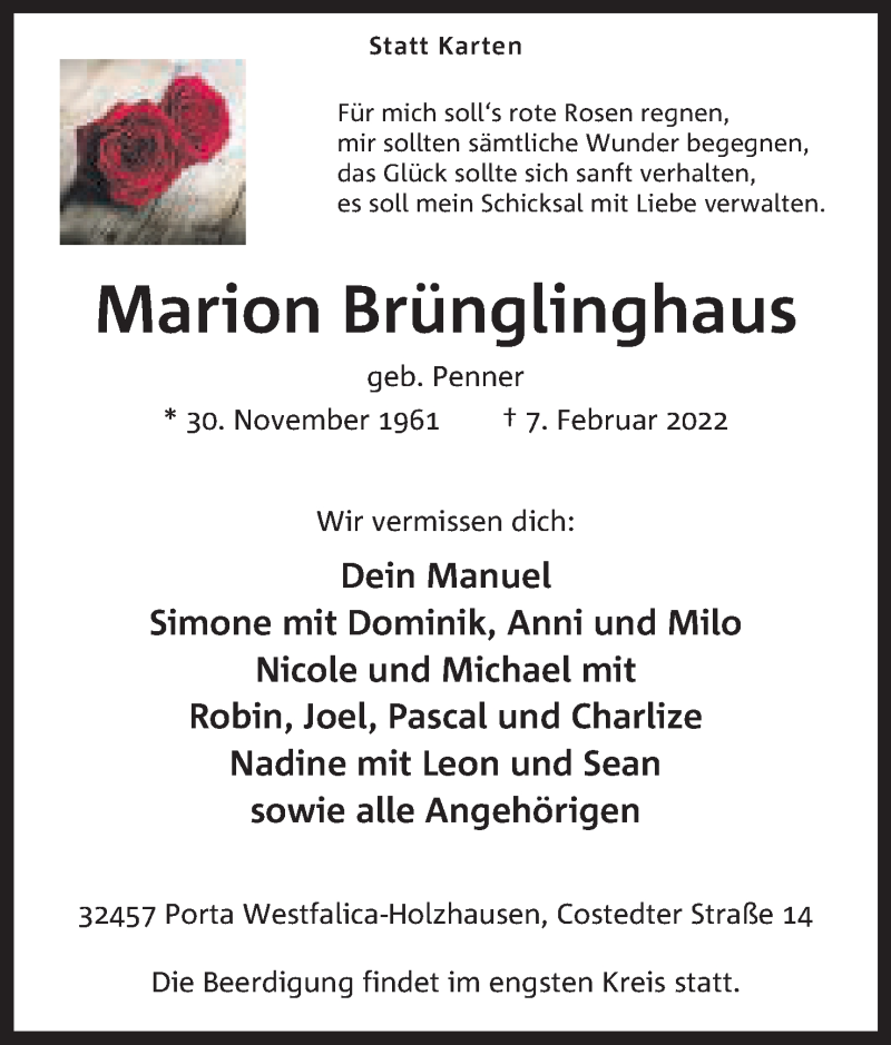  Traueranzeige für Marion Brünglinghaus vom 12.02.2022 aus Mindener Tageblatt