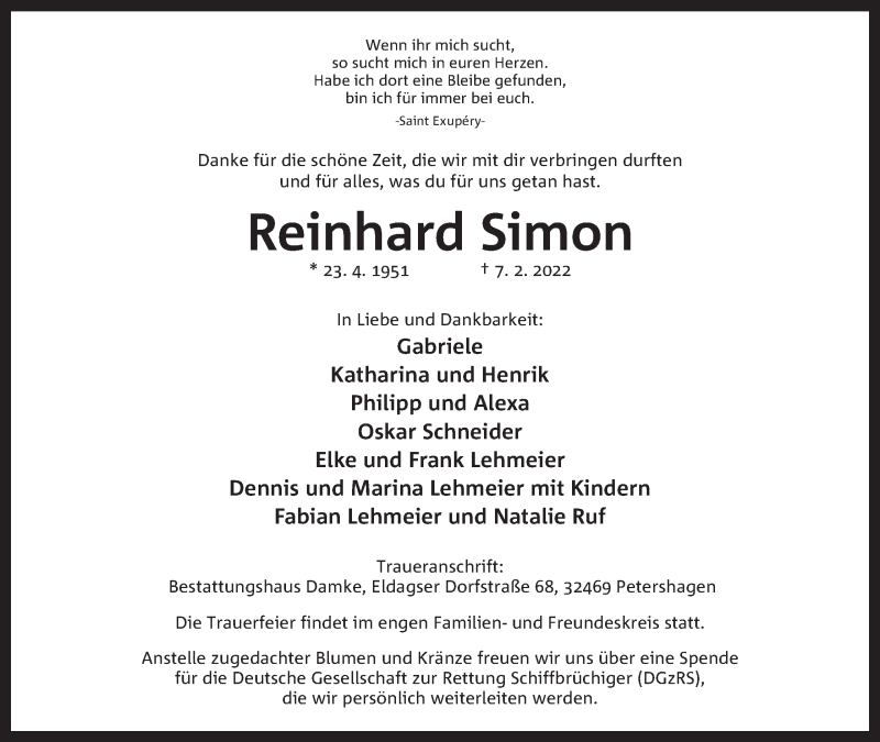  Traueranzeige für Reinhard Simon vom 12.02.2022 aus Mindener Tageblatt