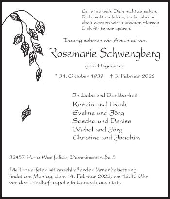 Anzeige von Rosemarie Schwengberg von Mindener Tageblatt