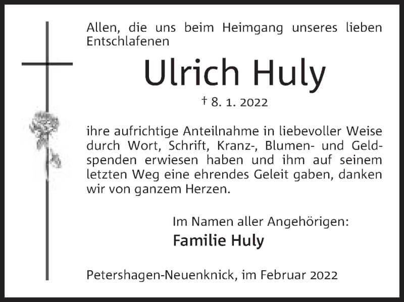  Traueranzeige für Ulrich Huly vom 19.02.2022 aus Mindener Tageblatt
