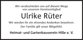 Anzeige von Ulrike Rüter von Mindener Tageblatt