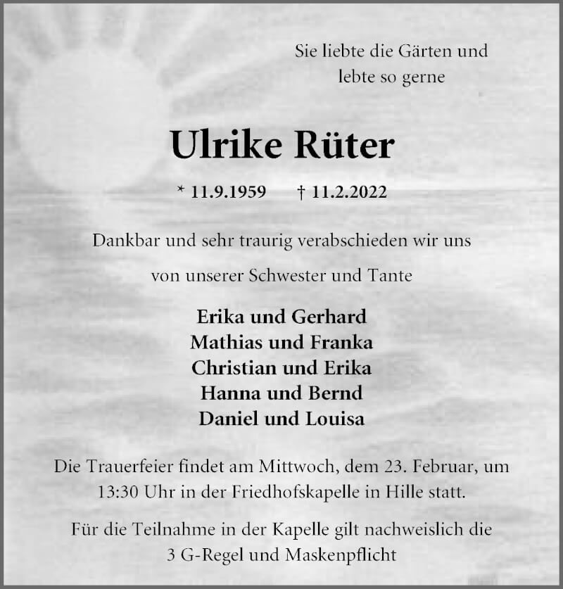  Traueranzeige für Ulrike Rüter vom 19.02.2022 aus Mindener Tageblatt